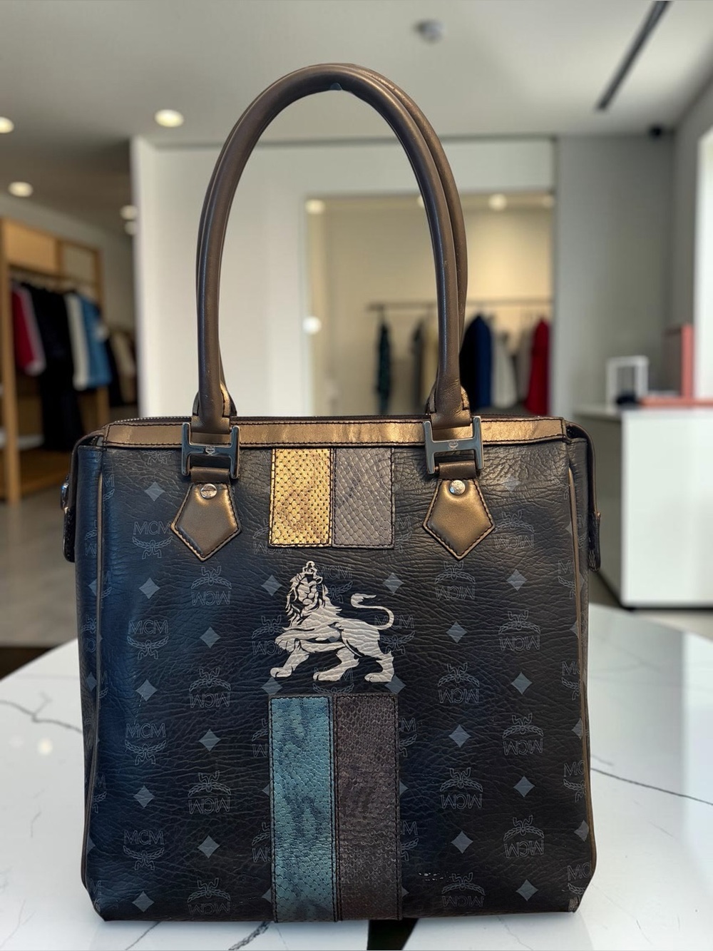 MCM Black Leather Lion Tote with Multi-Stripe Detail